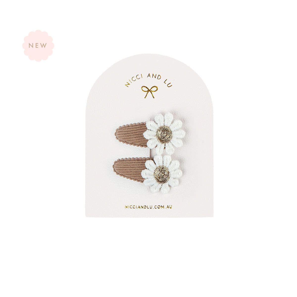 Nicci + Lu Mini Daisy Snap Clips Pair of Chocolate Corduroy hair clips in a branded box on a white background