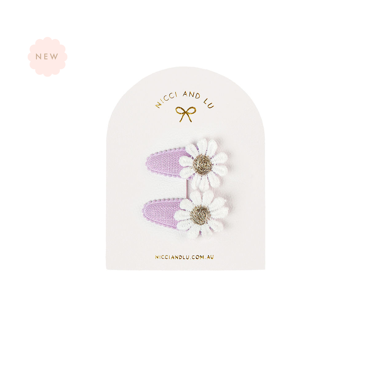 Nicci + Lu Mini Daisy Snap Clips in Mauve Linen with a daisy detail on a branded card on a white background