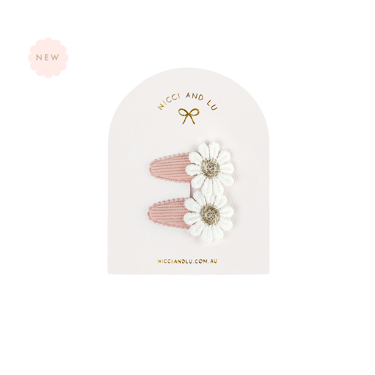 Nicci + Lu Mini Daisy Snap Clips Packaged hair accessories with Nude Corduroy and a daisy detail on a white background
