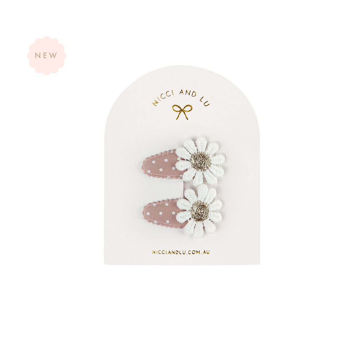 Nicci + Lu Mini Daisy Snap Clips Oatmeal Dottie hair clips in a branded box on a white background