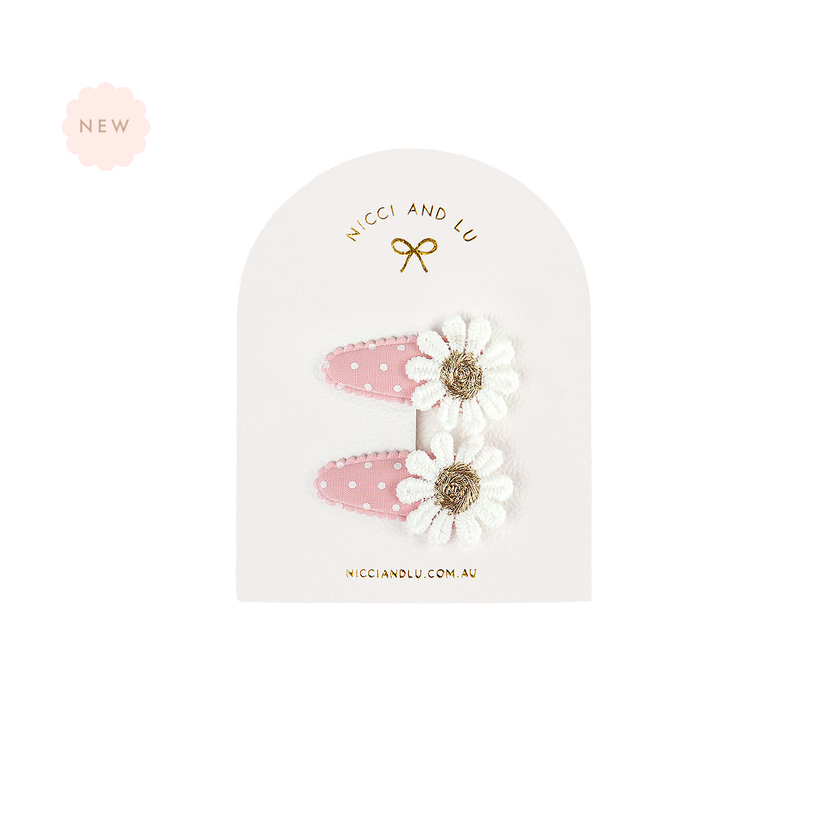 Nicci + Lu Mini Daisy Snap Clips Pair of  Rose Blush Dottie hair clips in a branded box on a white background
