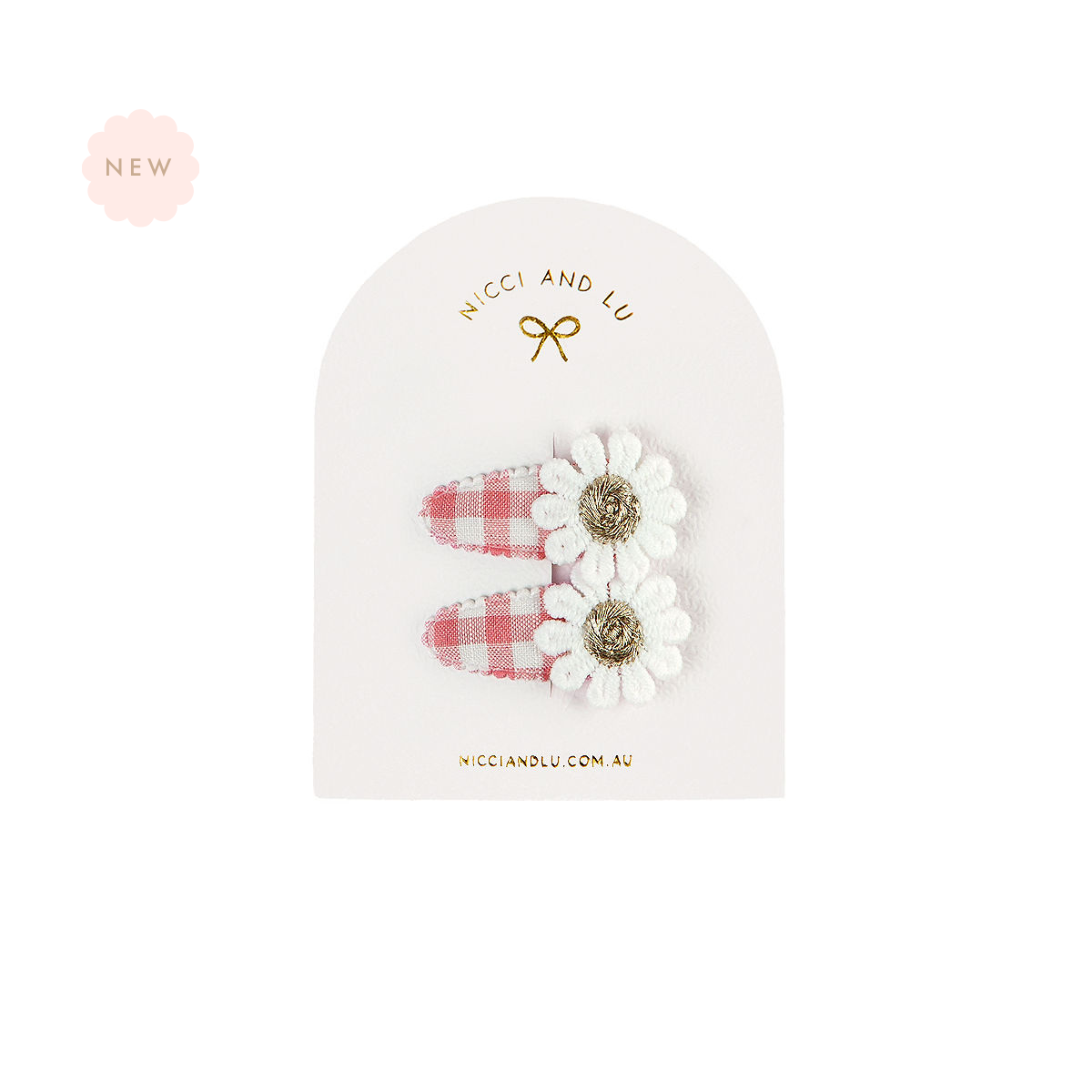 Nicci + Lu Mini Daisy Hair clips with floral and Rose Blush Gingham designs in a branded box on a white background