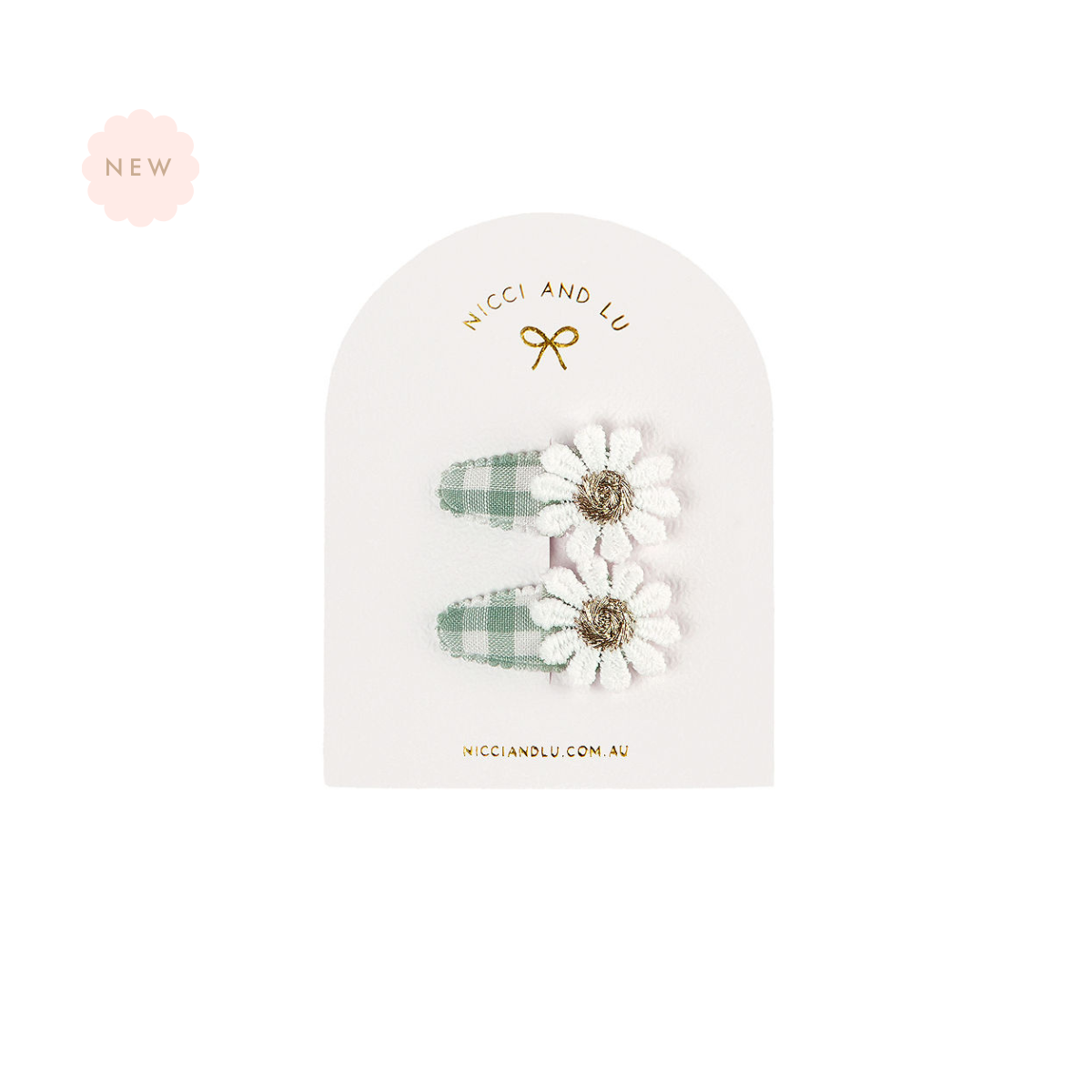 Nicci + Lu Mini Daisy Snap Clips Pair of Sage green gingham hair clips in a branded packaging on a white background