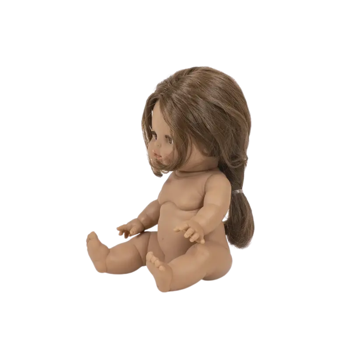 Minikane Léopoldine with brown hair and brown eyes – 34cm Anatomically Correct Doll Naked doll with brown hair tied back on a white background
