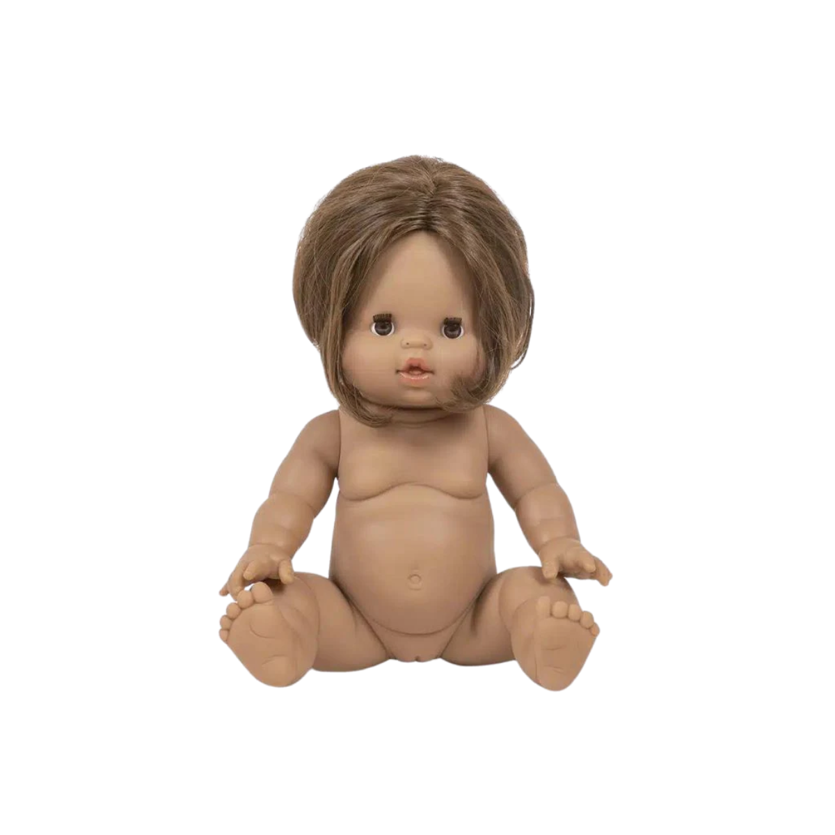 Minikane Léopoldine with brown hair and brown eyes – 34cm Anatomically Correct Doll Naked doll with brown hair on a white background
