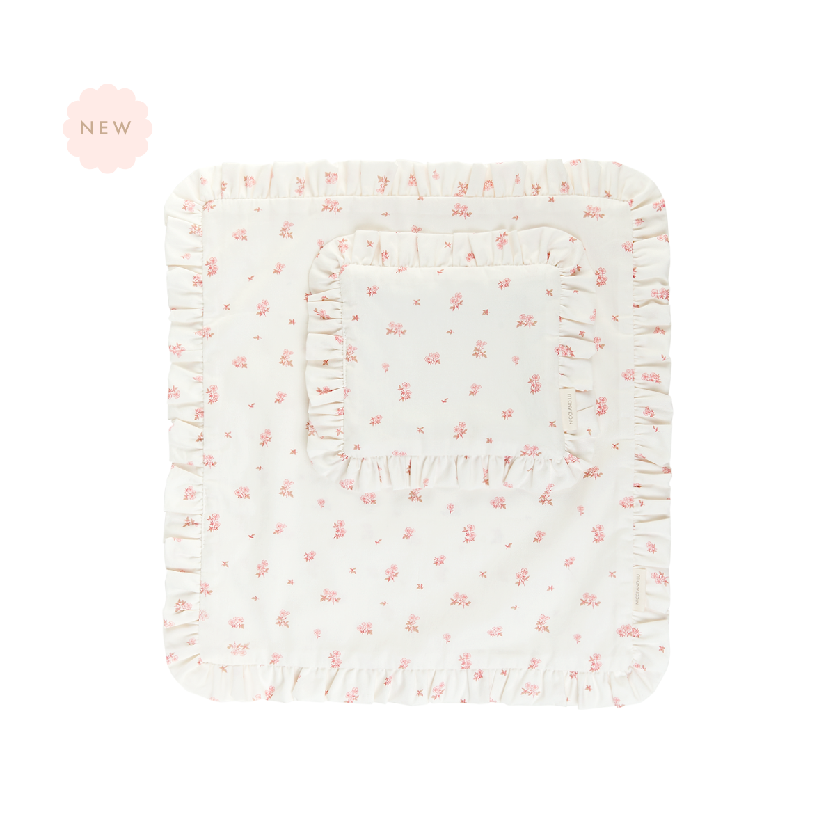 Floral patterned 34cm Doll blanket with ruffle edge on a white background