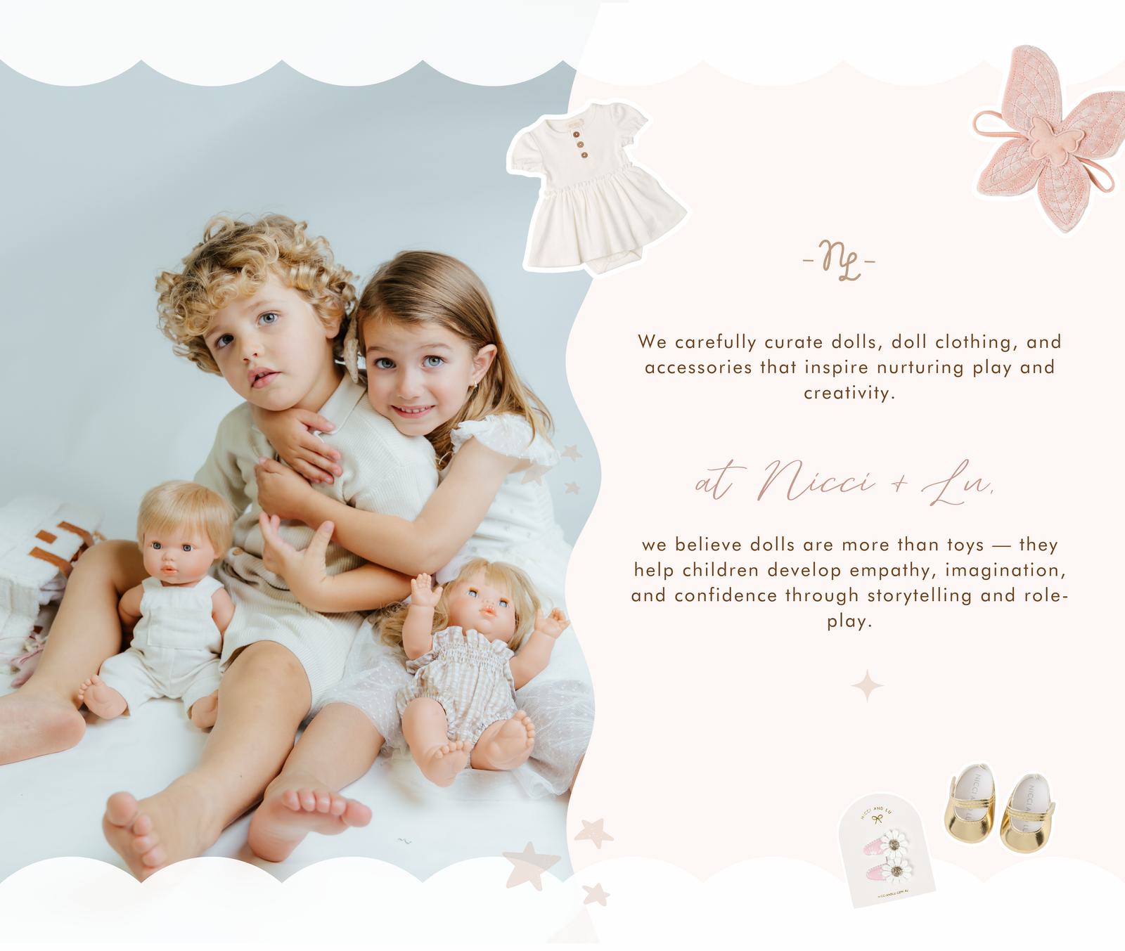 Two children holding dolls with text about nurturing play and creativity.