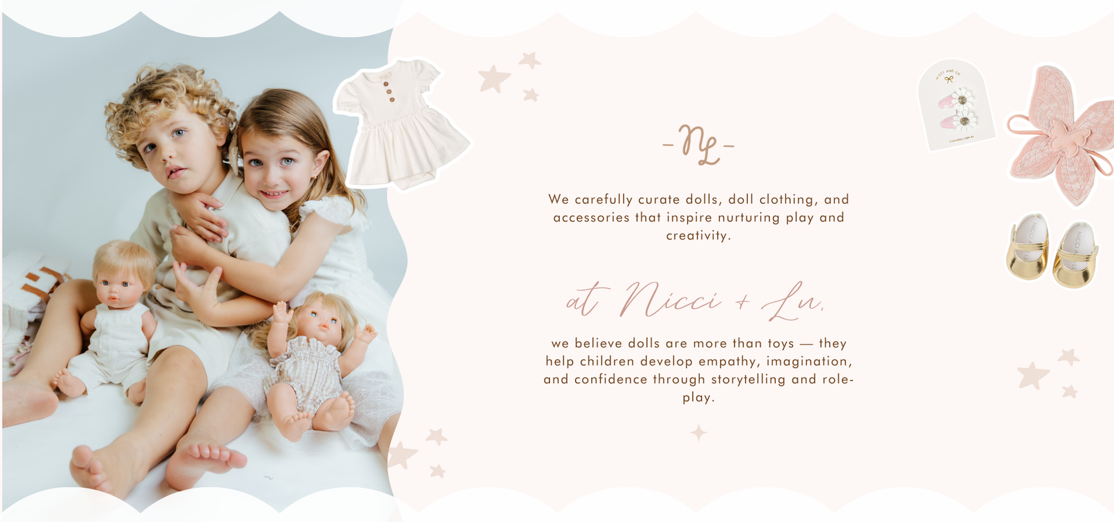 Two children holding dolls with text about nurturing play and creativity.