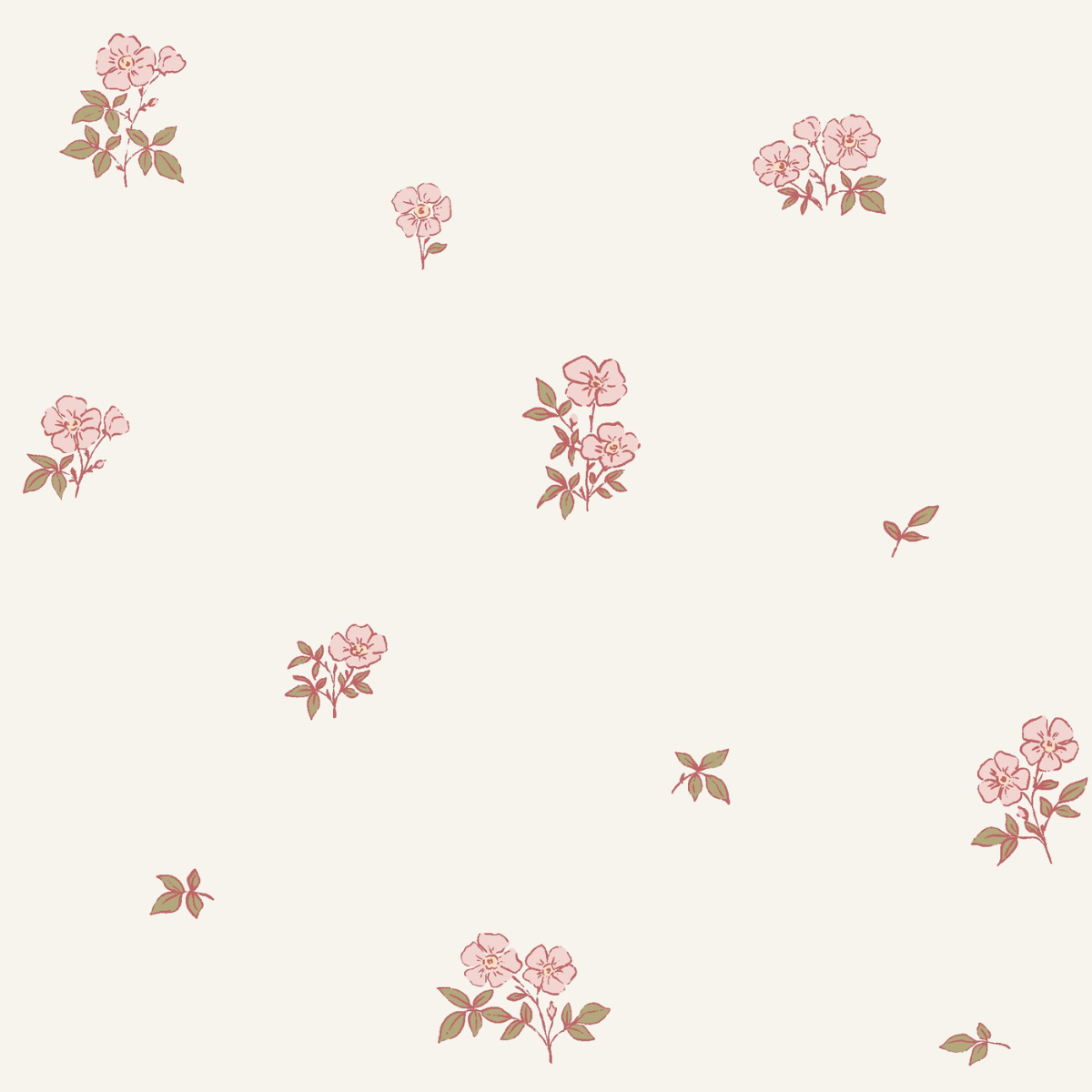 Pattern of small pink flowers with green leaves on a white background