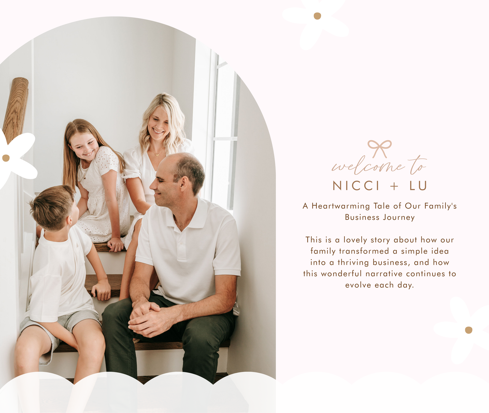 Nicci + Lu Family of four sitting together in a home setting with text about a family business journey.