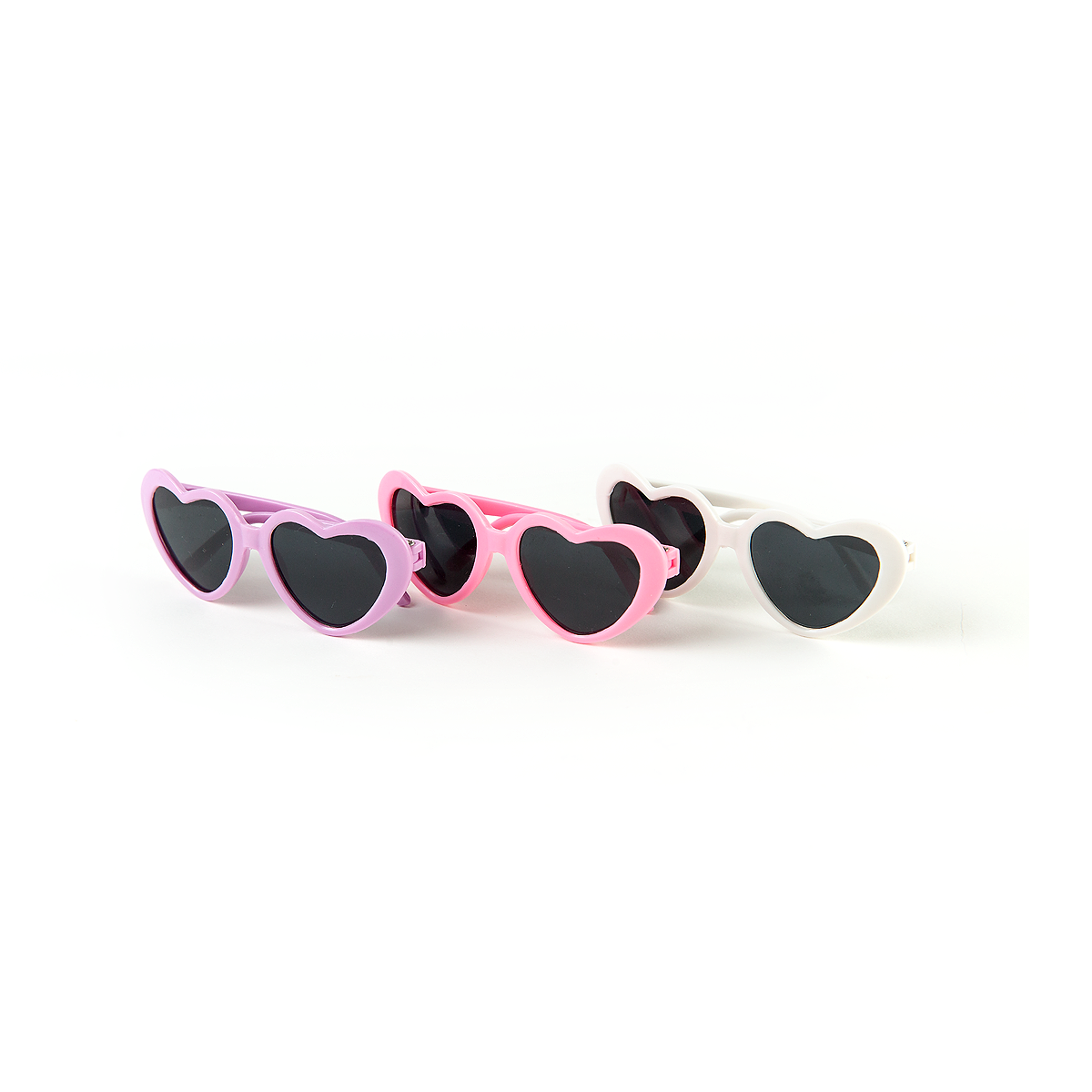 Three pairs of heart-shaped sunglasses in pink, black, and white on a white background for 34cm dolls.