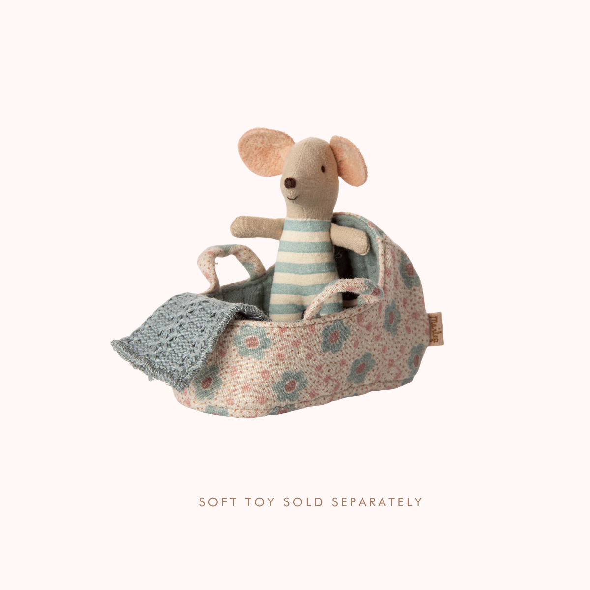 Maileg Baby Mouse Carry Cot – Blue | Mini Mouse Doll Carrier Floral-patterned baby carry cot.