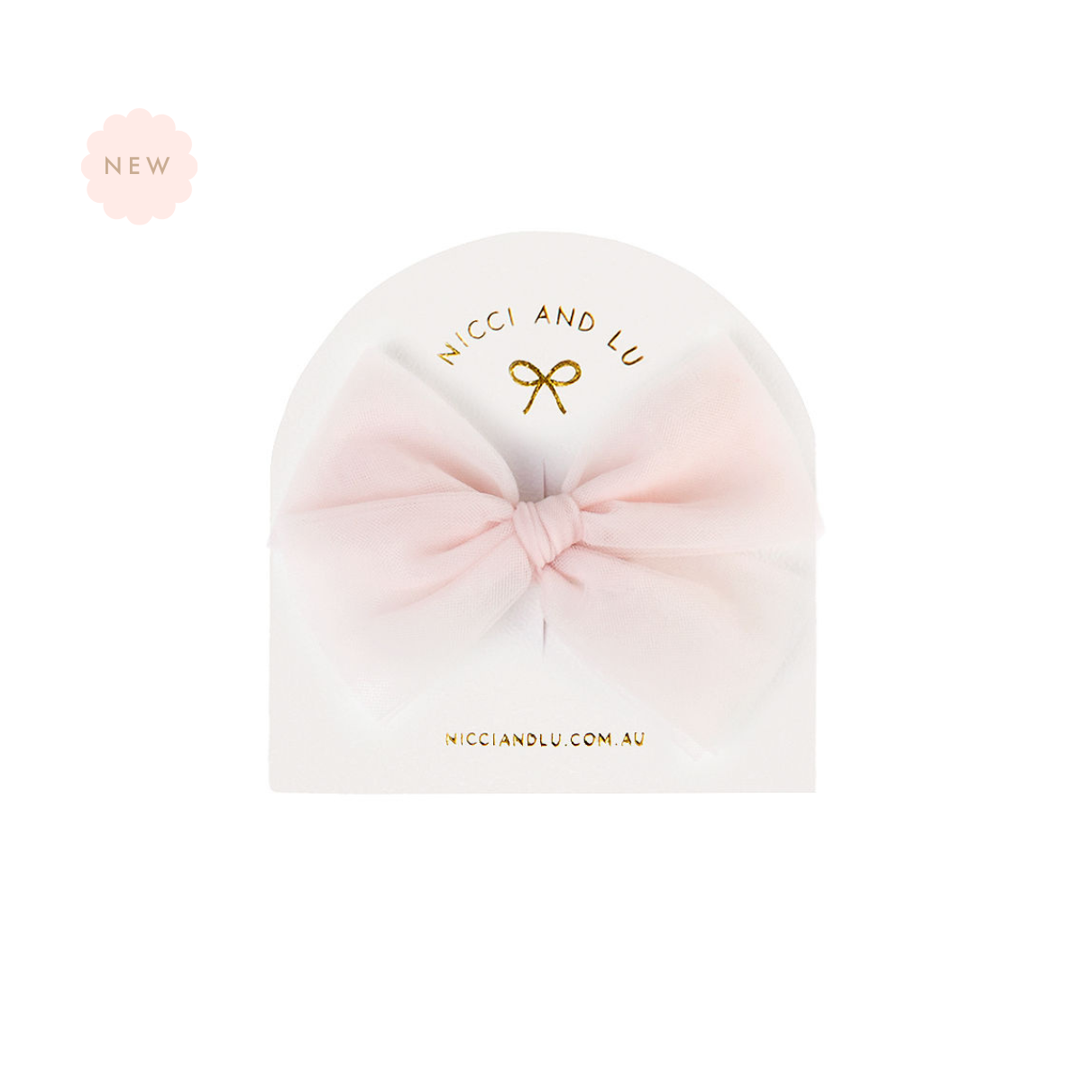 Nicci + Lu Tulle Bow Clip Ballet Pink headband with a bow and 'Nicci and Lu' branding on a white background