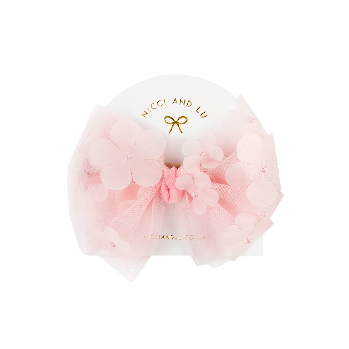 Soft Elastic -Tulle Bow for Little Girls &amp; 34cm Dolls - Soft Pink Delicate Flower