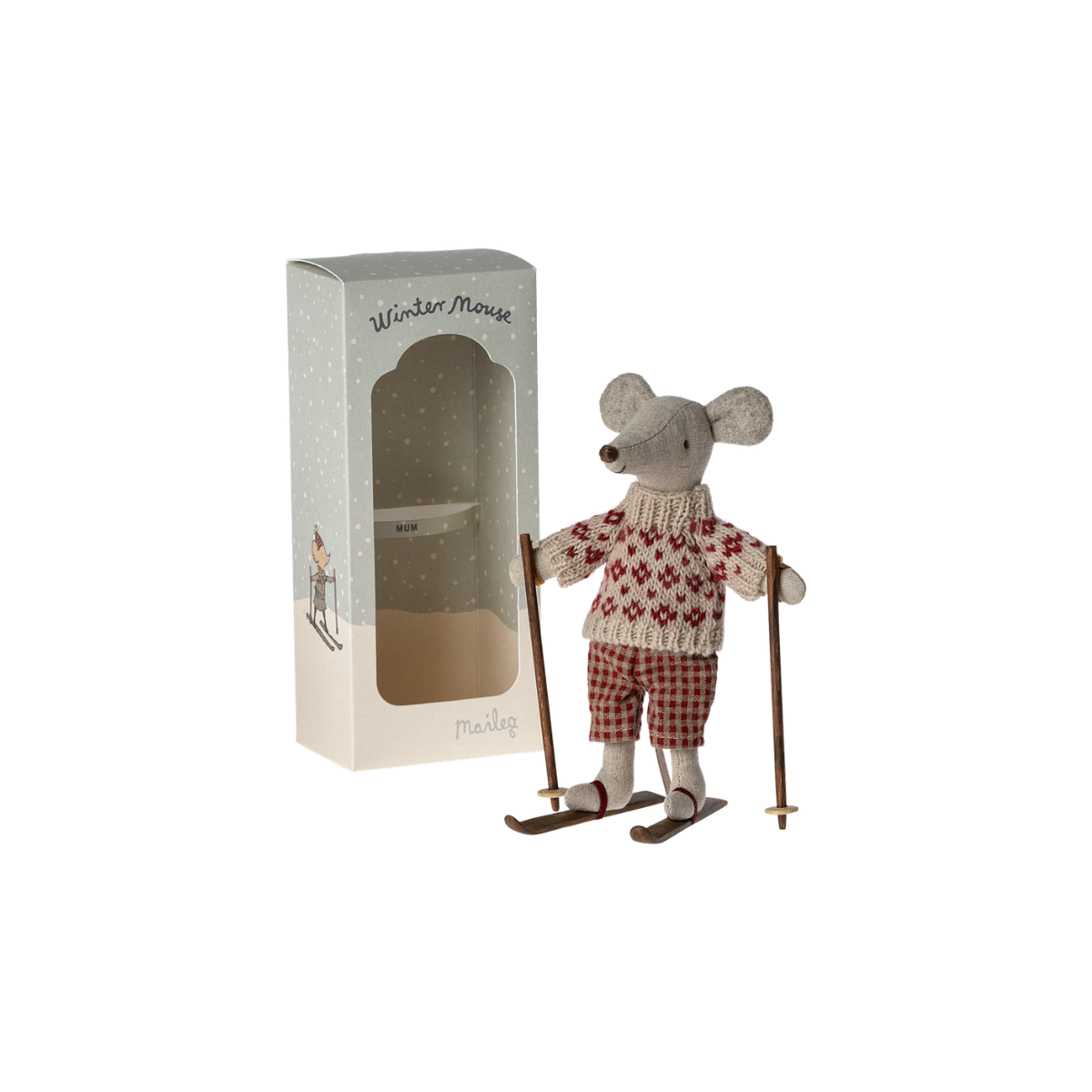 Maileg Winter Mouse with Skis – Mum | Miniature Skiing Mouse Toy