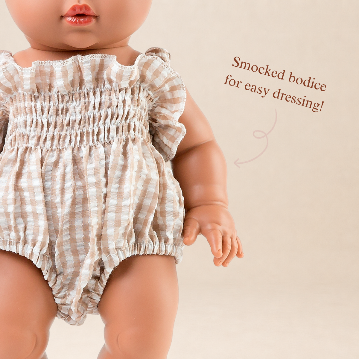 Doll Clothing + Outfits – Olivia Smock Bubble Romper fits 34-38cm Dolls - Gingham Beige for Mini Colettos, Minikane and Miniland Dolls