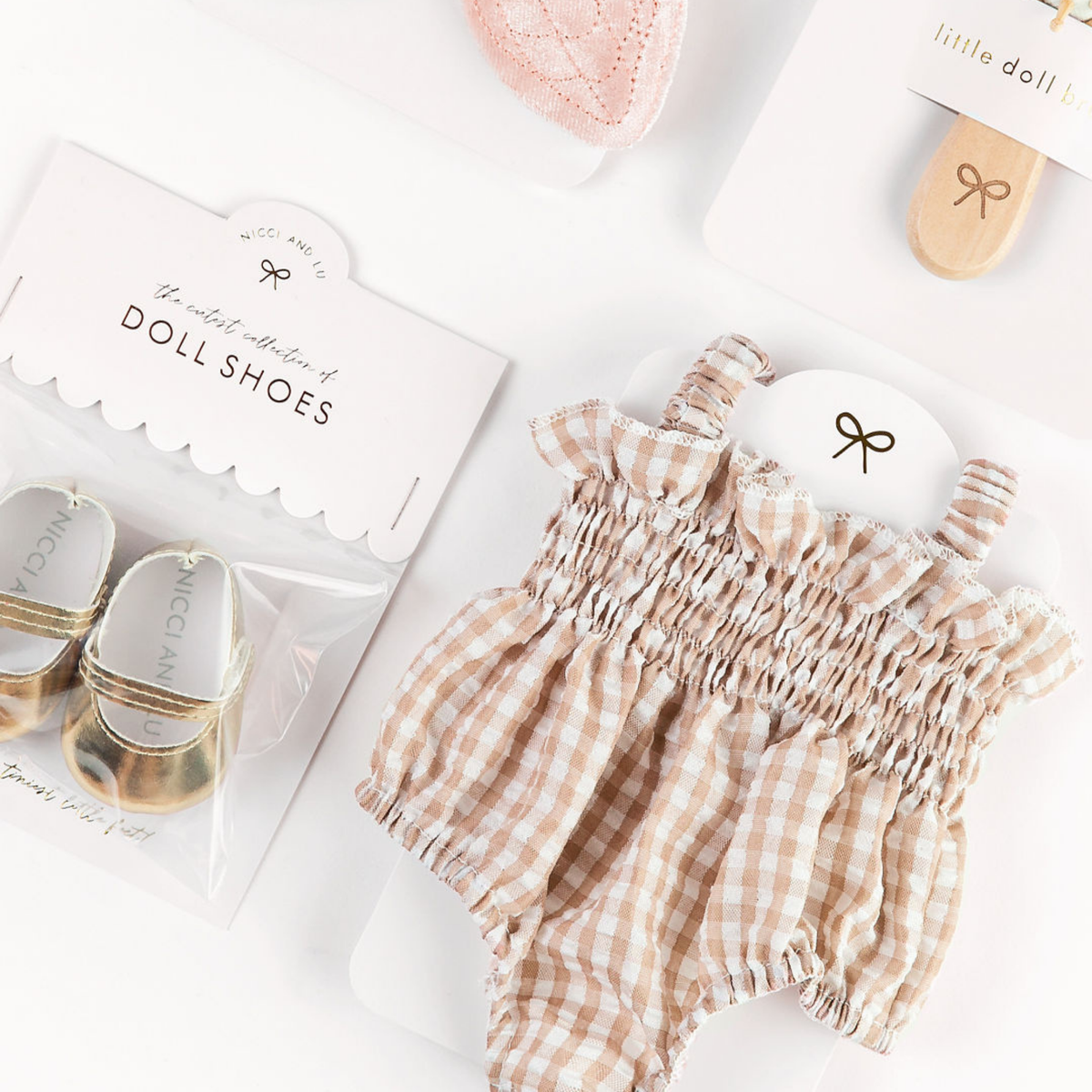 Doll Clothing + Outfits – Olivia Smock Bubble Romper fits 34-38cm Dolls - Gingham Beige for Mini Colettos, Minikane and Miniland Dolls