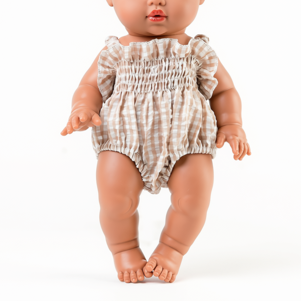 Doll Clothing + Outfits – Olivia Smock Bubble Romper fits 34-38cm Dolls - Gingham Beige for Mini Colettos, Minikane and Miniland Dolls