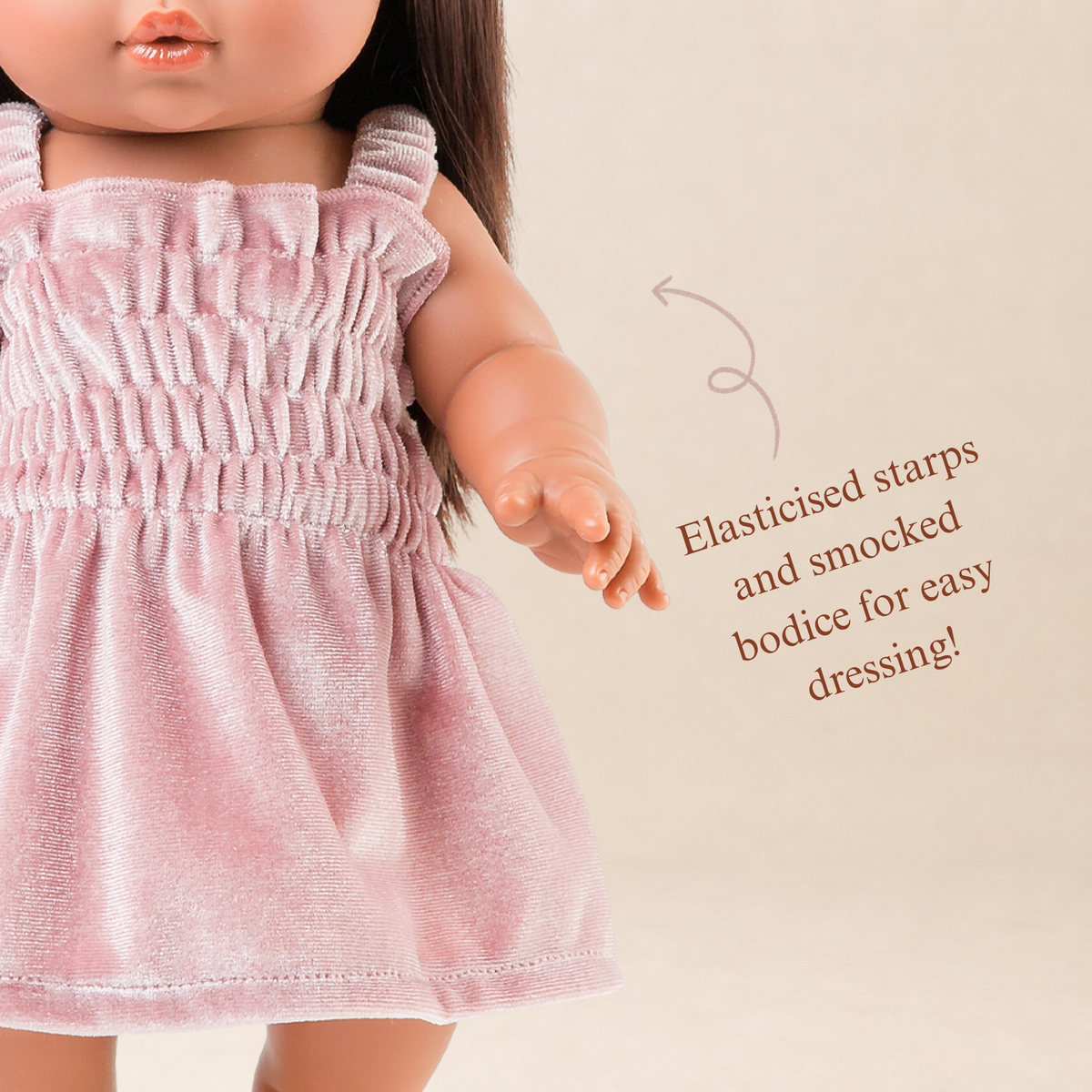 Close-up of the Billie Smocked Dress in Rose Blush Velvet highlighting the hand-smocked bodice and velvet fabric.