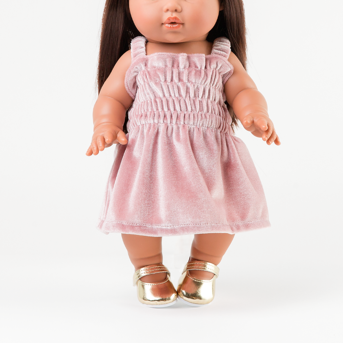 Front view of the Billie Smocked Dress in Rose Blush Velvet on Mini Colettos Isabel.