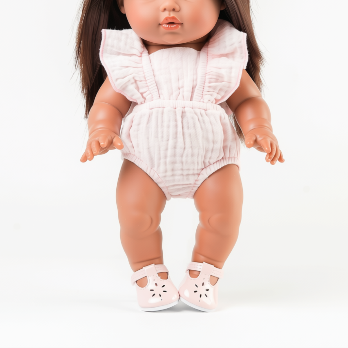 Front view of the Flutter Romper in Cotton Candy on 34cm Mini Colettos Isabel for 34-38cm dolls.
