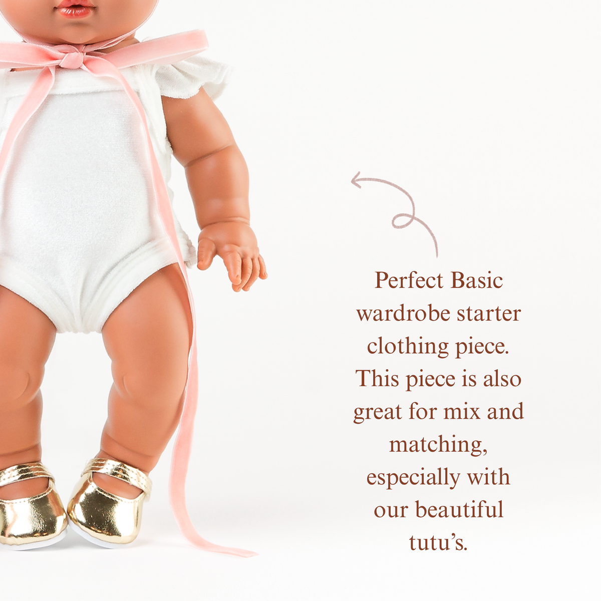 Close-up of the Ivory Frilled Velvet Singlet Bodysuit highlighting the soft velvet fabric and frilled neckline.
