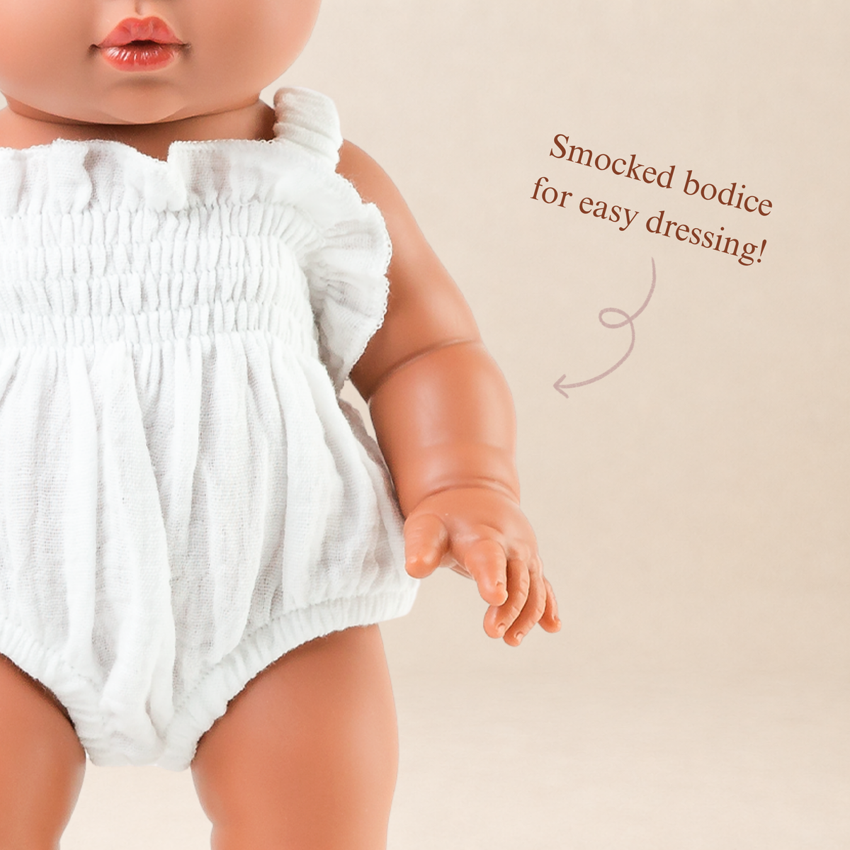 Doll Clothing + Outfits – Olivia Smock Muslin Bubble Romper fits 34-38cm Dolls - Ivory for Mini Colettos, Minikane and Miniland Dolls