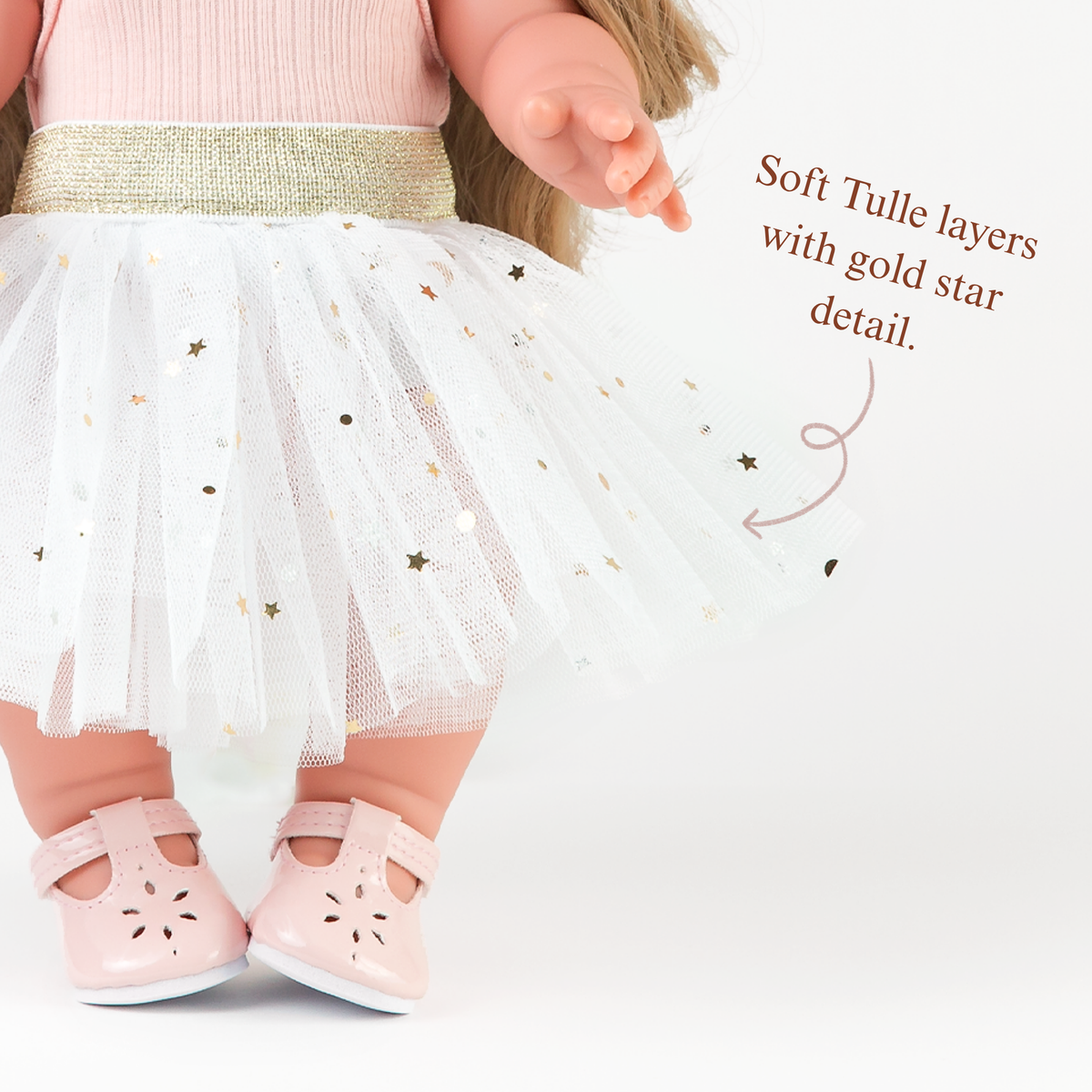 Close-up of the Ivory Tulle Tutu Skirt for 34-38cm dolls paired with the Rose Pink Singlet Bodysuit and Soft Pink Mary Jane Shoes.