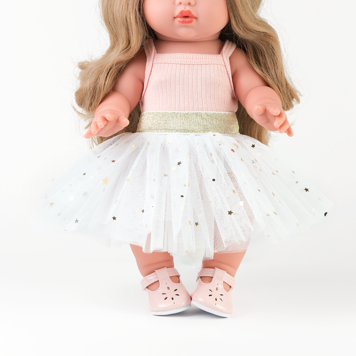 Front view of the Ivory Tulle Tutu Skirt paired with the Rose Pink Singlet Bodysuit on 34cm Mini Colettos Lyla for 34-38cm dolls.