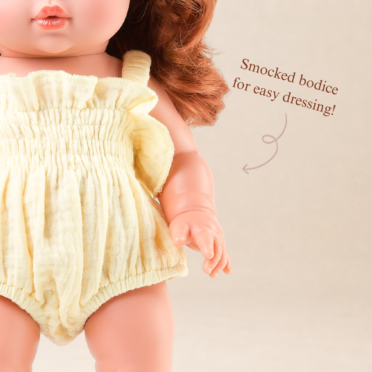Doll Clothing + Outfits - Pippa Muslin Apron Dress fit 34-38cm Dolls - Lemon for Mini Colettos, Minikane and Miniland Dolls