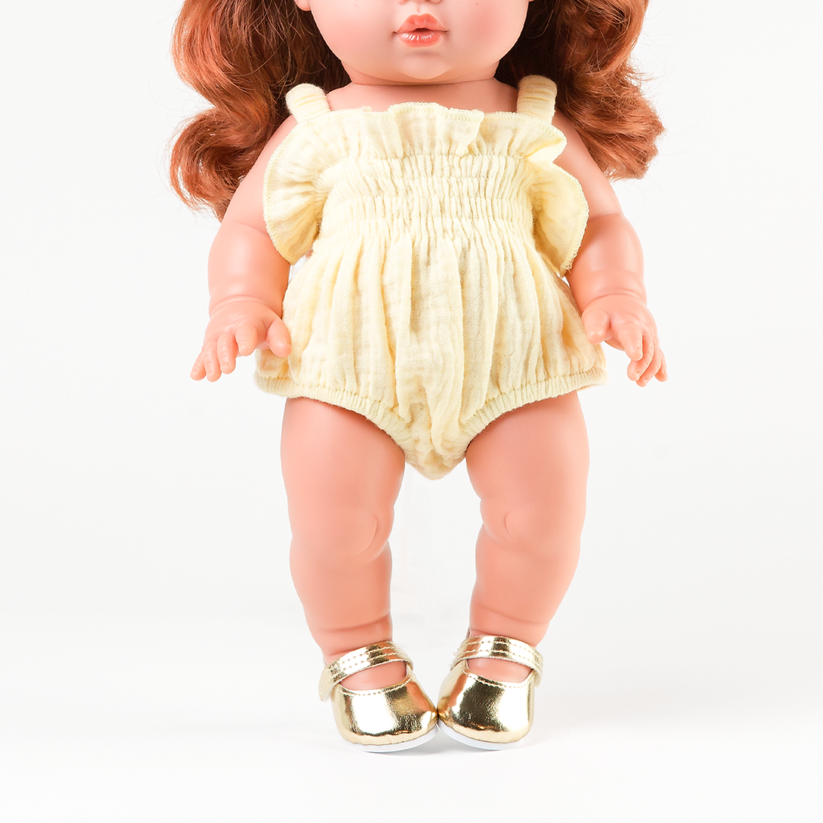 Doll Clothing + Outfits - Pippa Muslin Apron Dress fit 34-38cm Dolls - Lemon for Mini Colettos, Minikane and Miniland Dolls