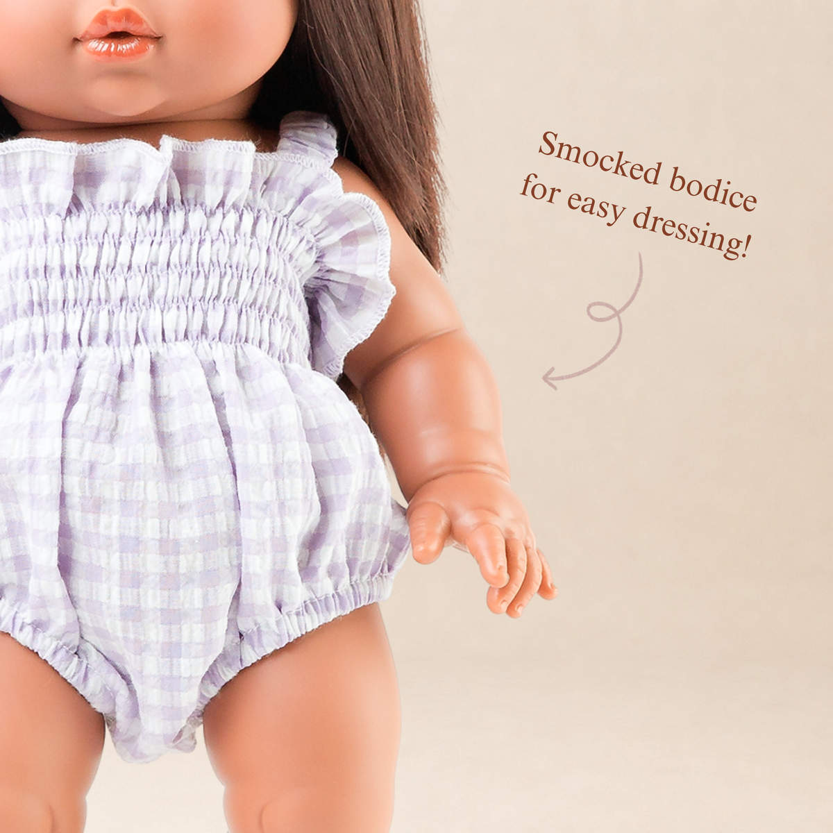 Doll Clothing + Outfits – Olivia Smock Bubble Romper fits 34-38cm Dolls - Gingham Lilac for Mini Colettos, Minikane and Miniland Dolls