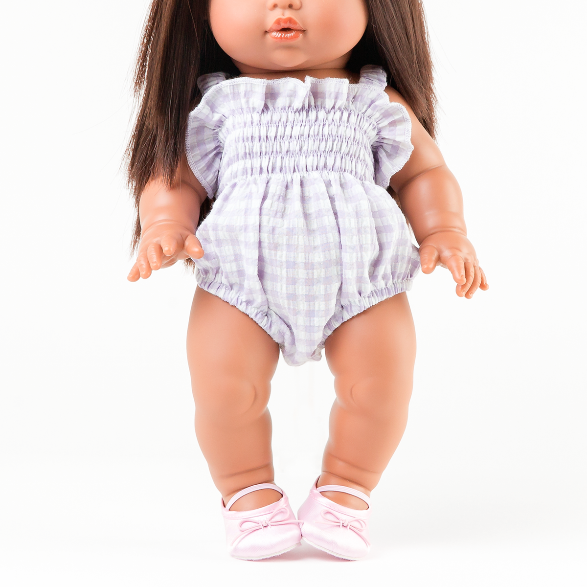 Front view of the Olivia Smocked Bubble Romper in Lilac Gingham on Mini Colettos Isabel doll.