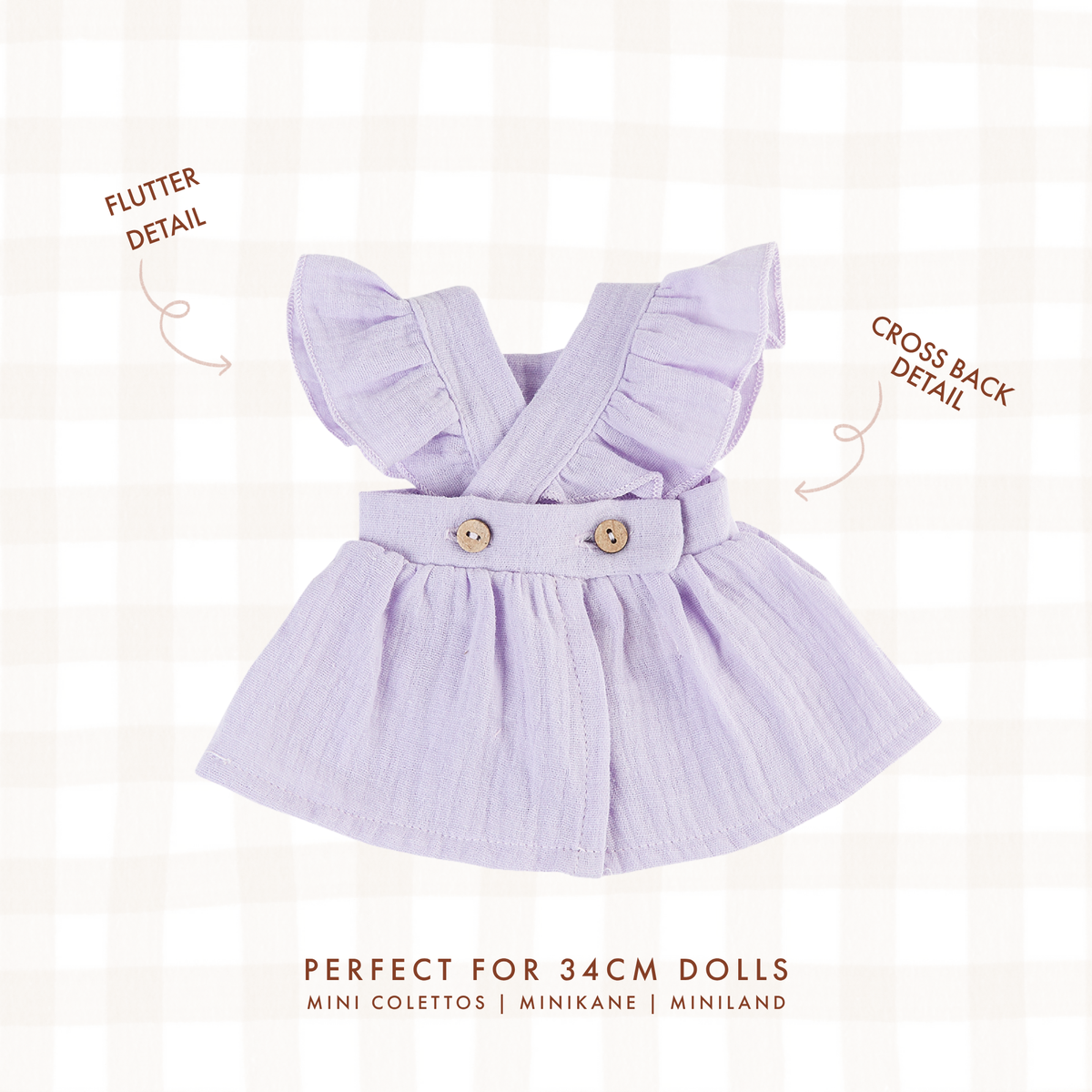 Doll Clothing + OUtfits - Pippa Muslin Apron Dress fits 34-38cm Dolls - Mauve for Mini Colettos, Minikane and Miniland Dolls