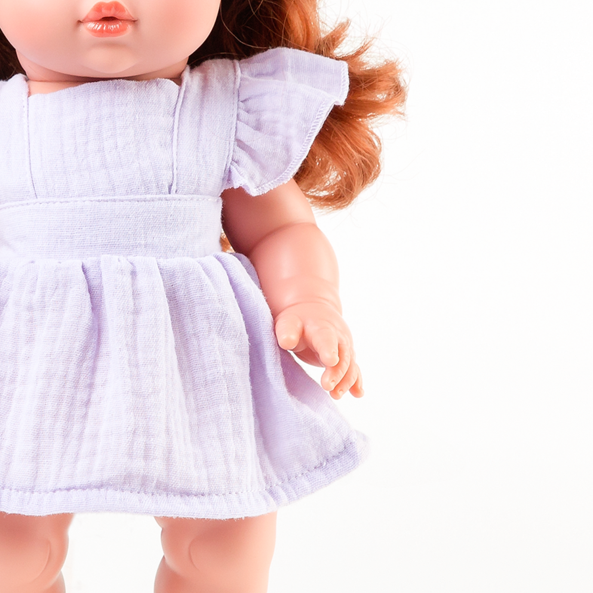 Doll Clothing + OUtfits - Pippa Muslin Apron Dress fits 34-38cm Dolls - Mauve for Mini Colettos, Minikane and Miniland Dolls
