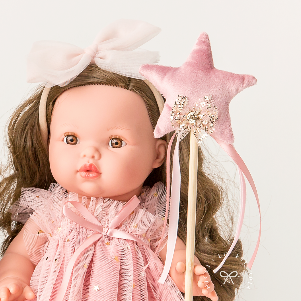 Close-up of the Rose Blush Tulle Doll Ballet Dress featuring delicate tulle straps, a bow detail and a magical star wand.