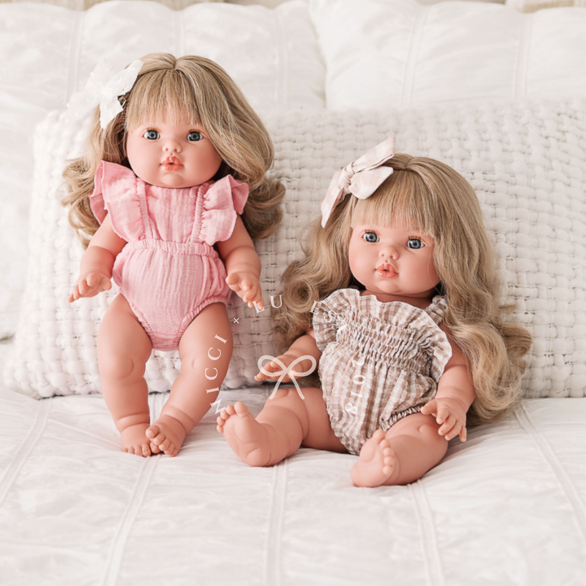Doll Clothing + Outfits – Olivia Smock Bubble Romper fits 34-38cm Dolls - Gingham Beige for Mini Colettos, Minikane and Miniland Dolls