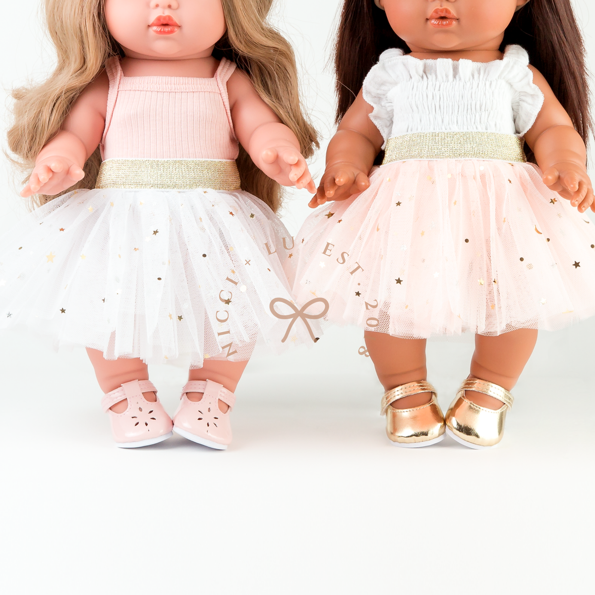 Mini Colettos Lyla and Isabel wearing the Ivory and Peach Tulle Tutu Skirts for 34-38cm dolls.