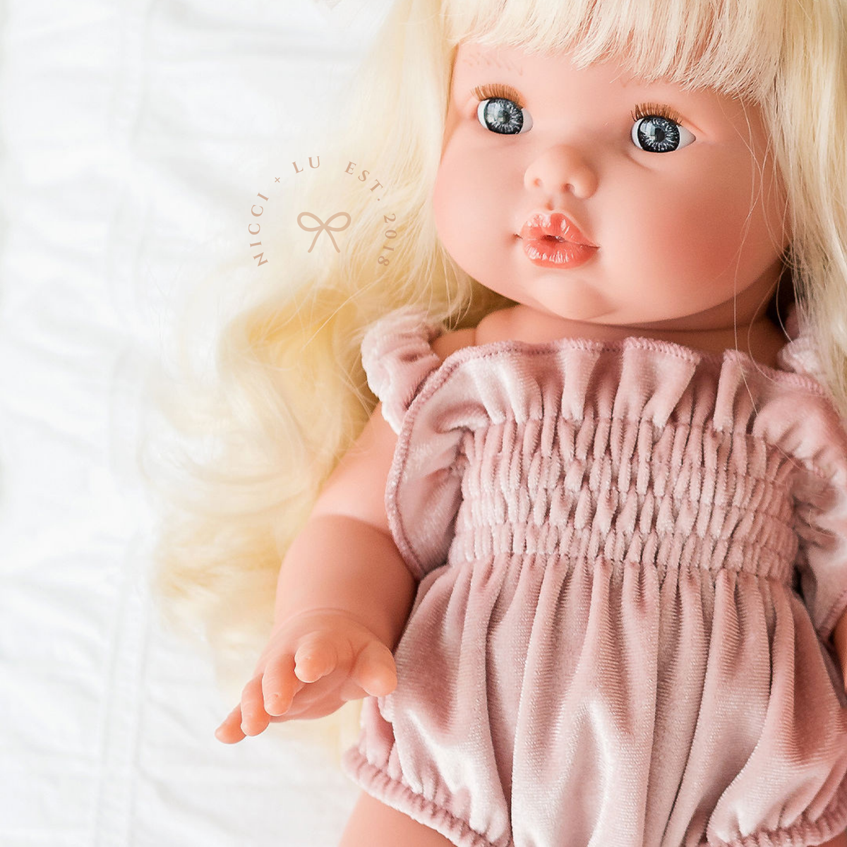 Doll Clothing + Outfits – Olivia Smock Bubble Romper fits 34-38cm Dolls - Rose Blush Velvet for Mini Colettos, Minikane and Miniland Dolls