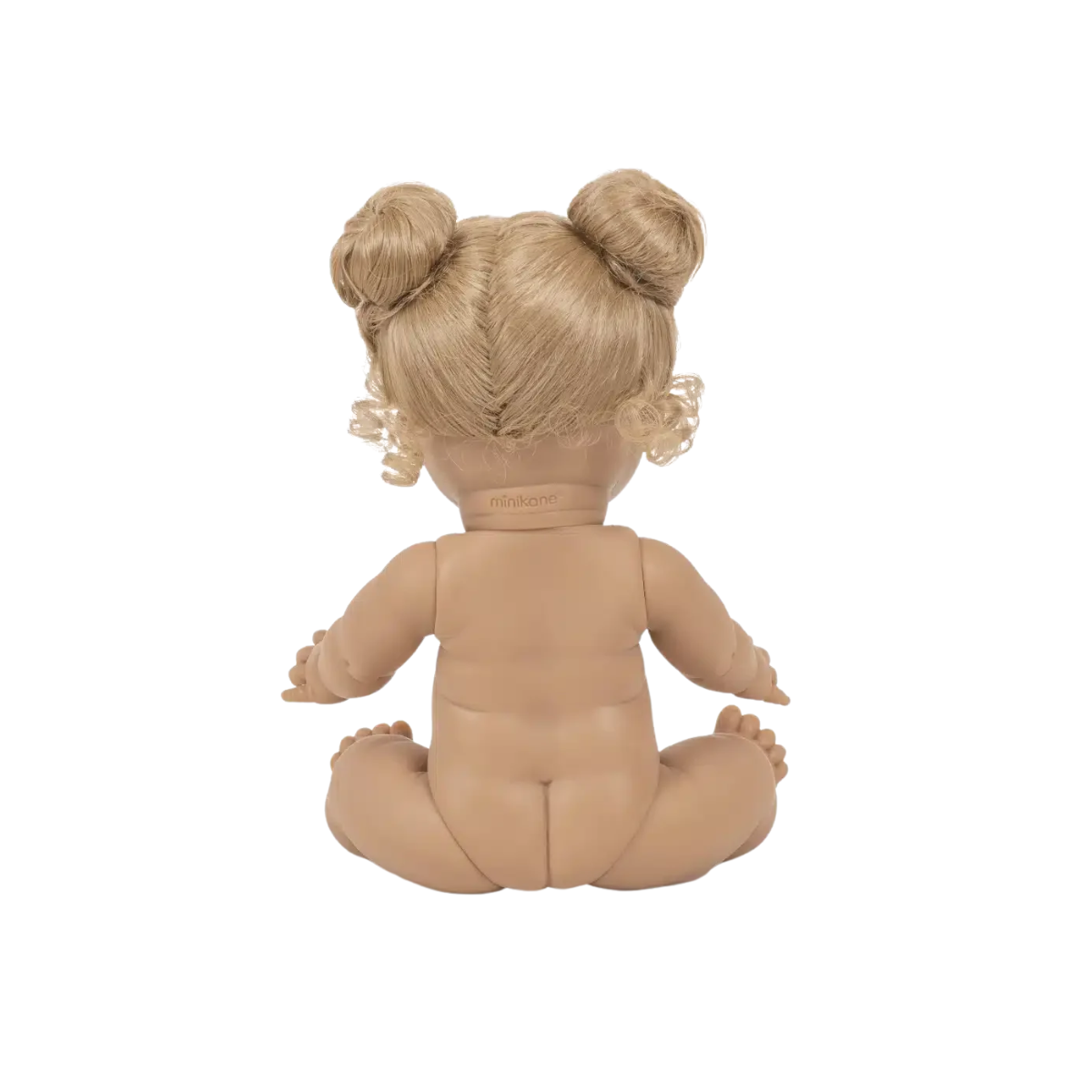 Back view of Minikane Louise doll showing blonde hair styled in two buns and articulated vinyl body