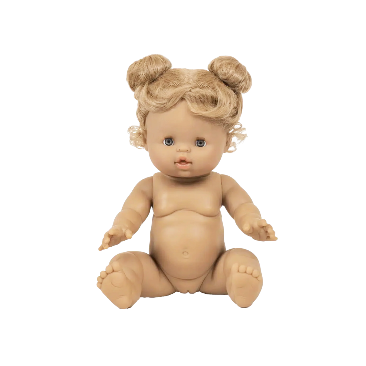 Front view of Minikane Louise doll showing blonde hair styled in two buns and articulated vinyl body