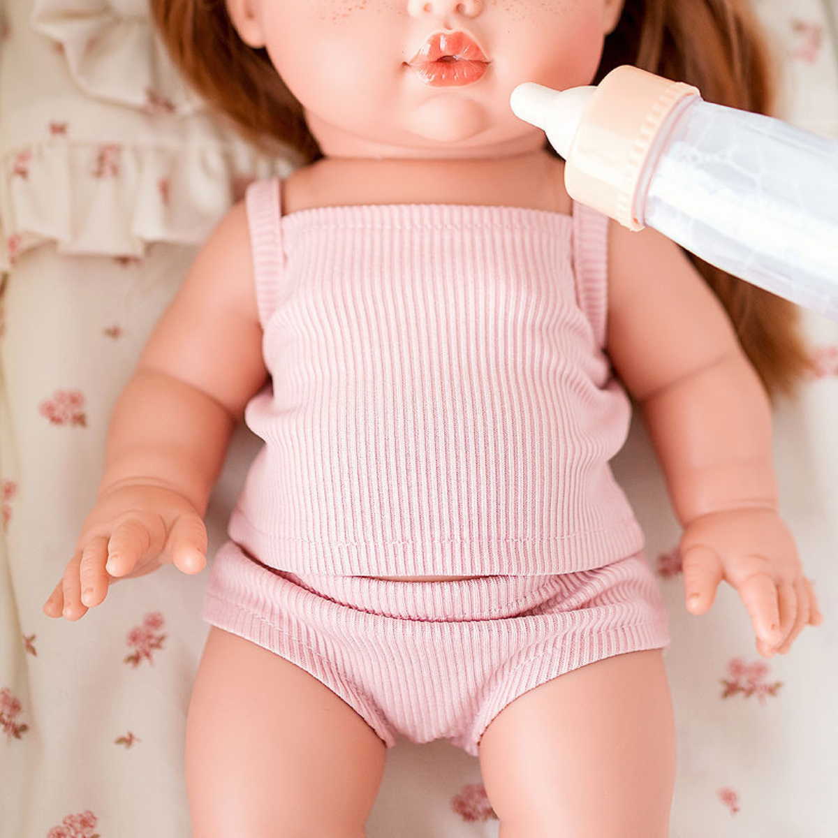 Mini Coletto and  Minikane Rose Blush 34cm Doll underwear Clothing set on a white background