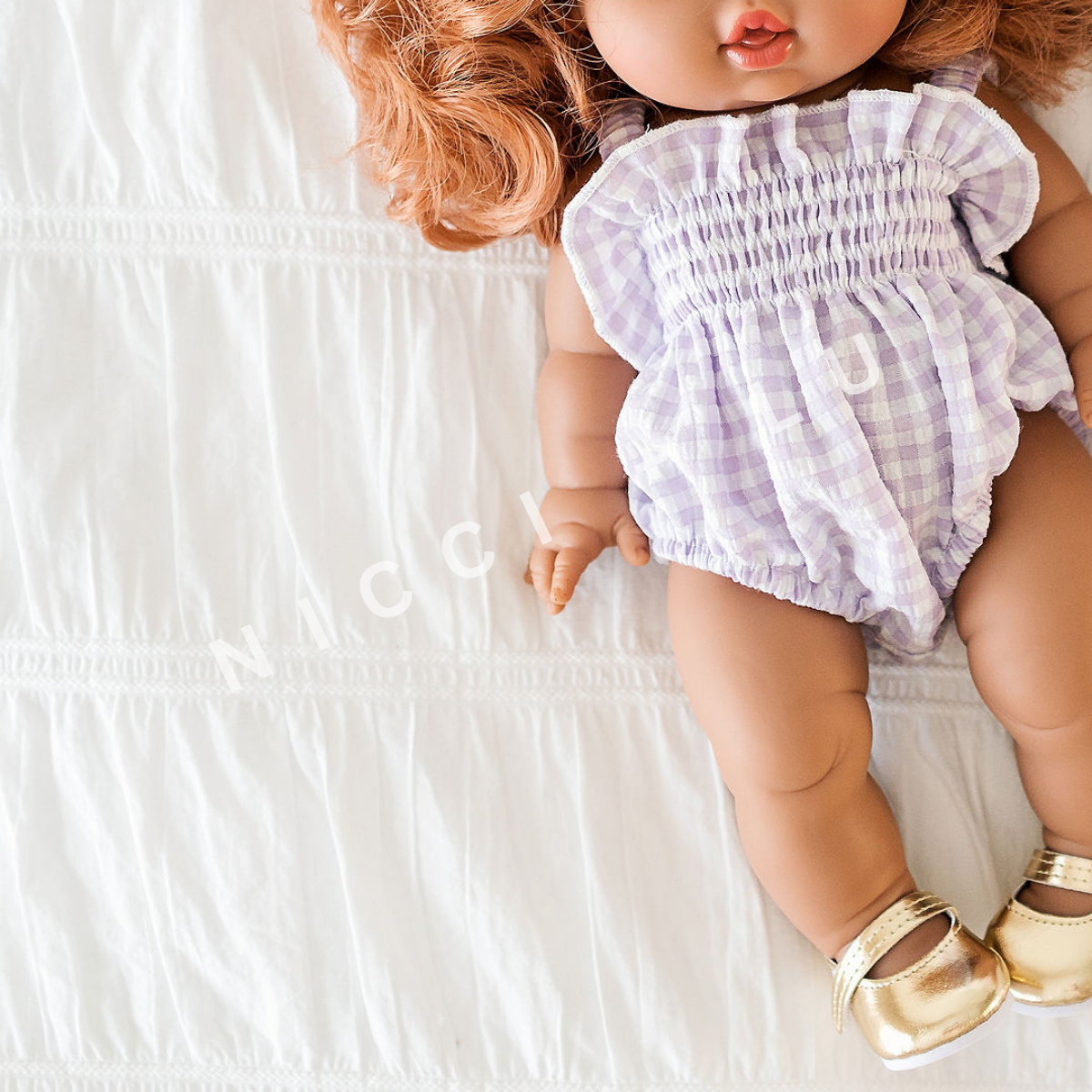 Doll Clothing – Olivia Smock Bubble Romper for 34cm Dolls - Gingham Lilac