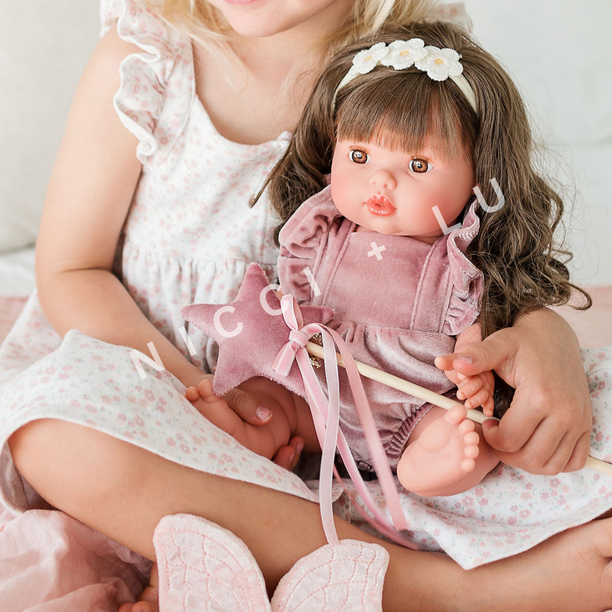 Frilled bubble playsuit rose blush velvet doll clothes on a white background
