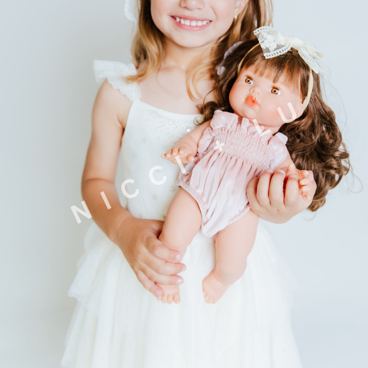 nicci and lu mini coletto hailee wearing a muslin playsuit in rose blush 34cm doll clothing