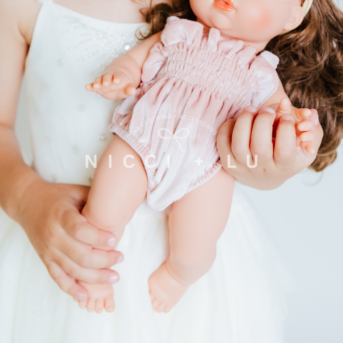 Doll Clothing – Olivia Smock Bubble Romper for 34cm Dolls - Rose Blush Velvet