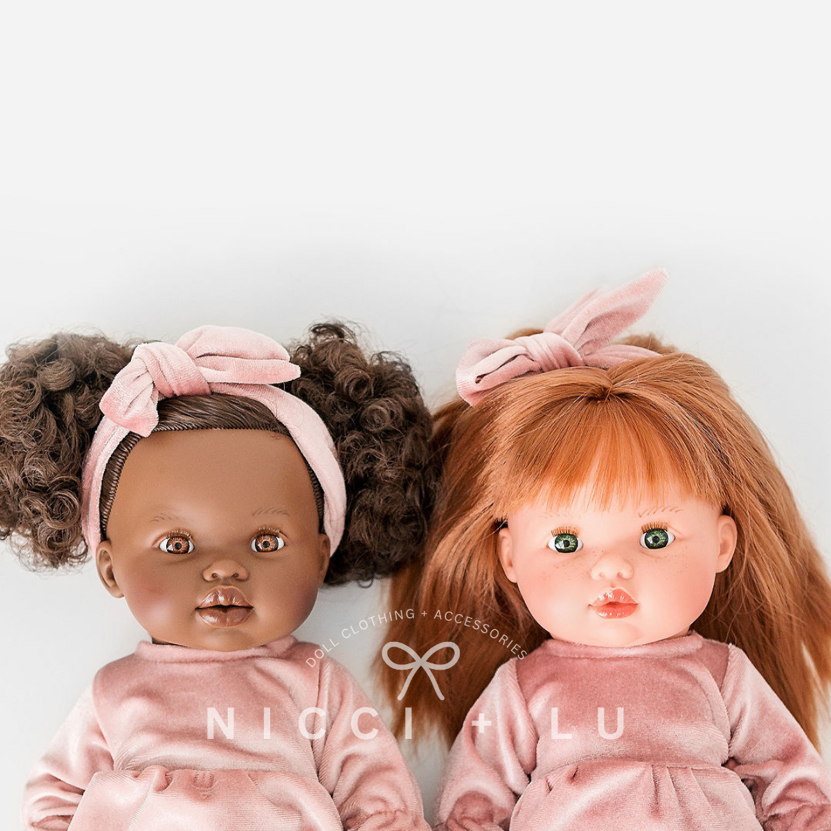 Mini_Coletto_Doll_Jedda_wearing a velvet rose blush dress set 34cm doll clothing