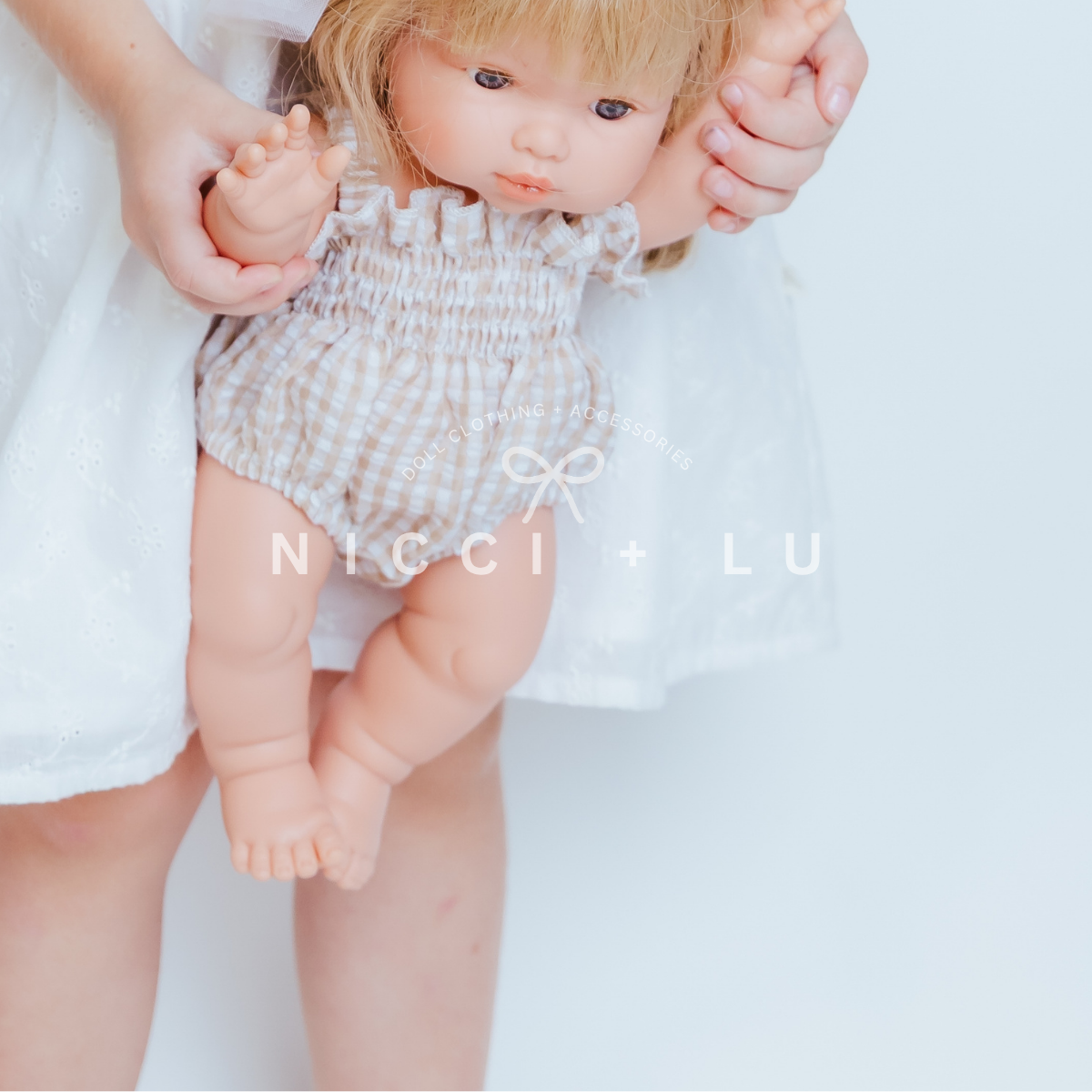 Doll Clothing – Olivia Smock Bubble Romper for 34cm Dolls - Gingham Beige