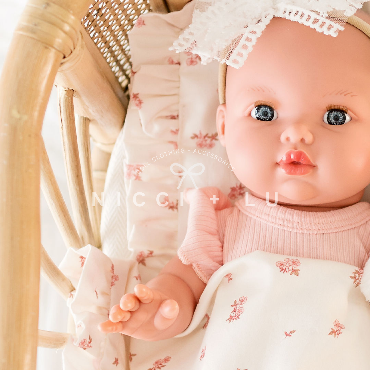 nicci and lu Mila mini coletto doll wearing a ribbed jumpsuit in rose pink 34cm doll clothing