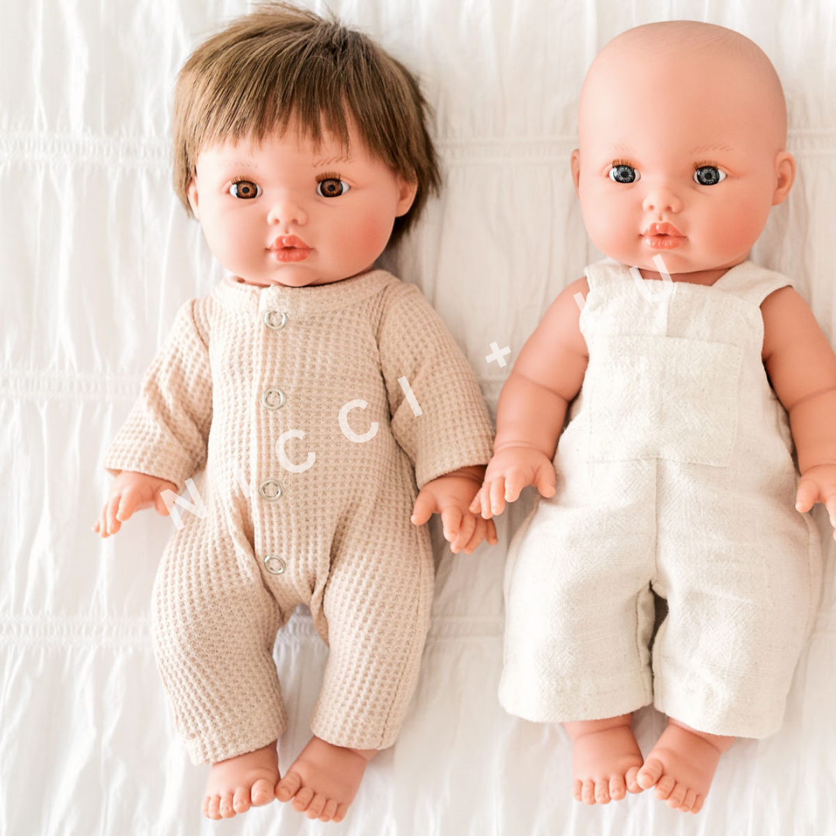nicci and lu mini coletto rafael wearing a oat onesie in waffle cloth 34cm doll clothing